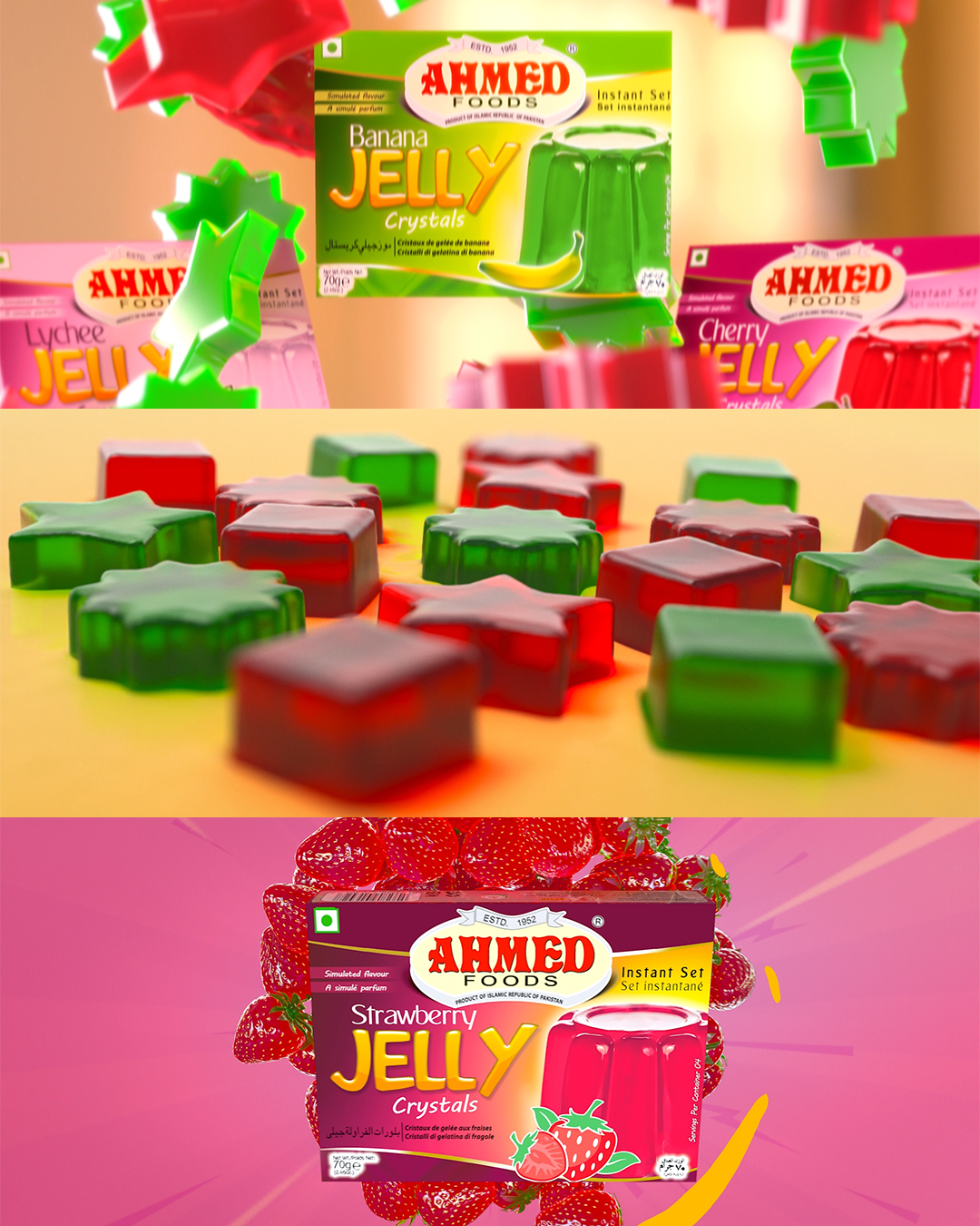 Commercial CGI Packaging Render — Ahmed Foods Crystal Jelly