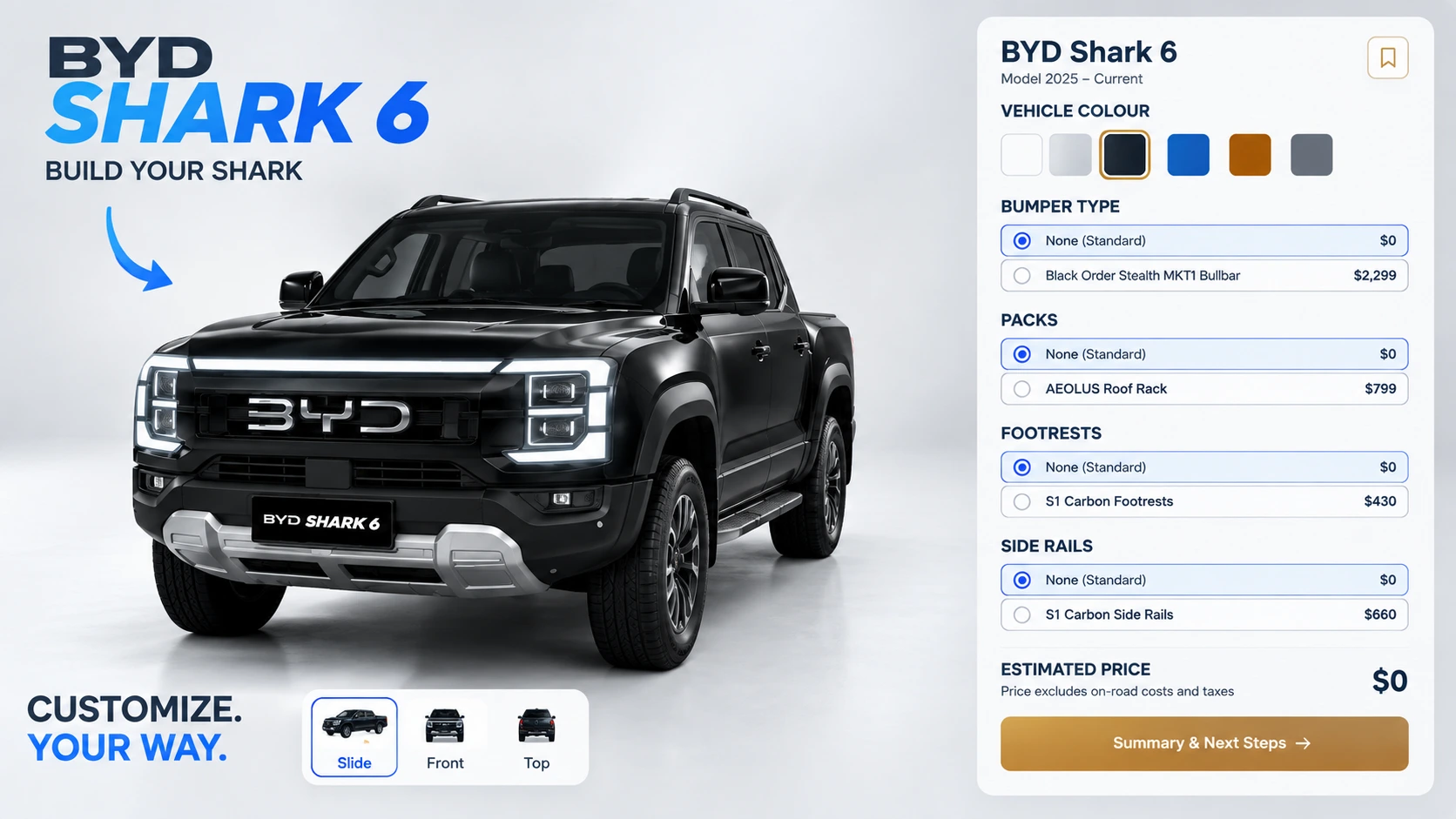 Interactive BYD Shark 3D Product Configurator interface with real-time trim and accessory options