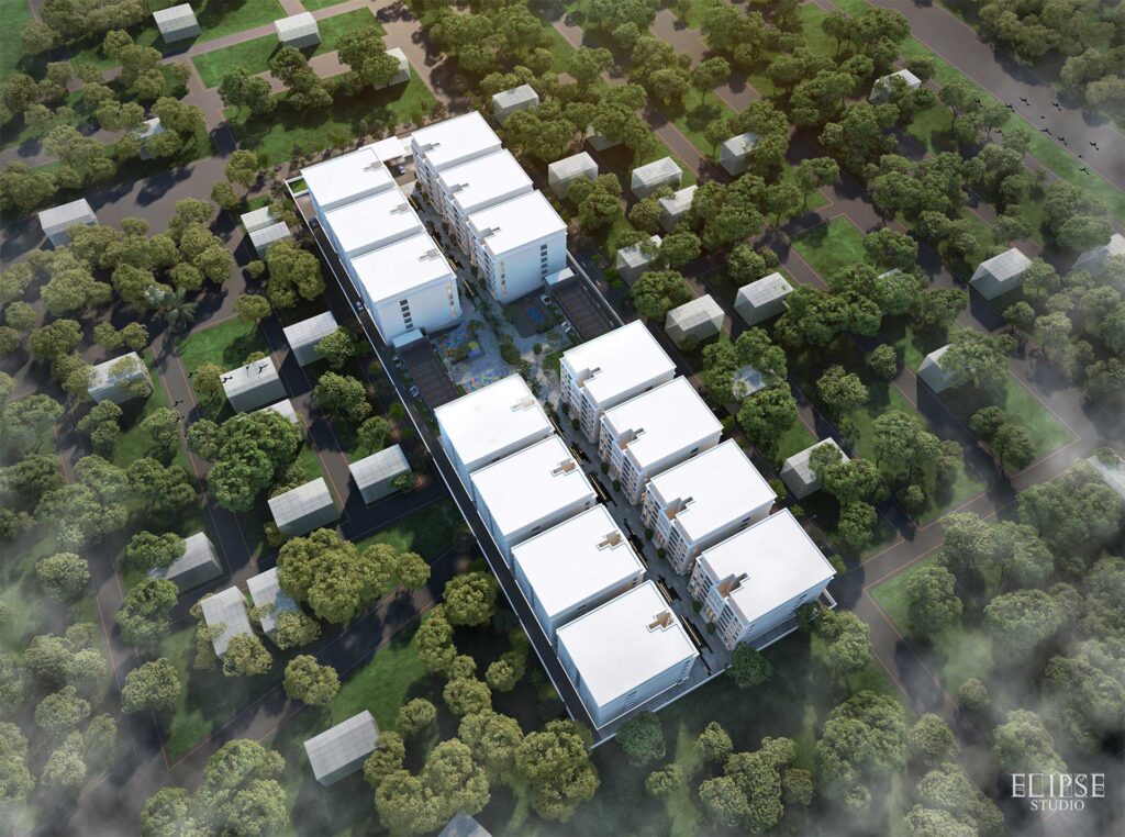 3D render of aerial of a housing society