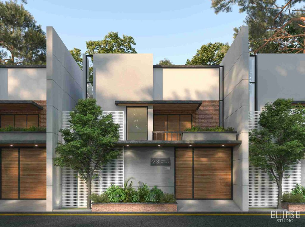 3D front view of a minimalist small house in a society