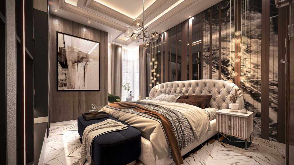3D luxurious bedroom in a penthouse