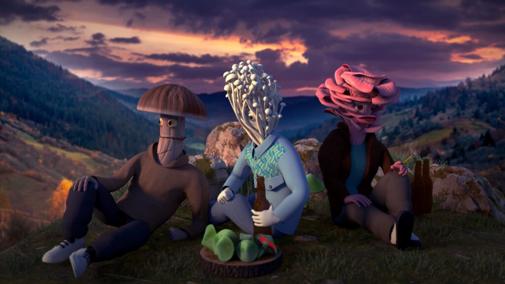 Three plant head 3D NFT characters sitting on mountain