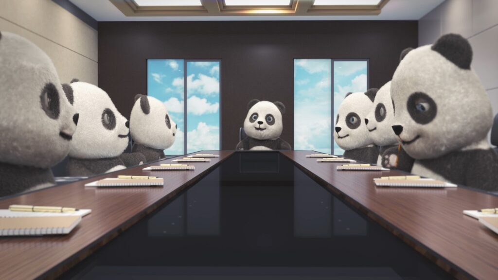 Panda doing meeting with other pandas