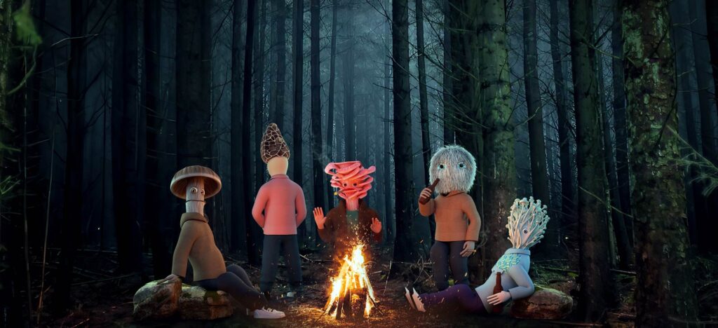 Five 3D NFT Characters having bonfire in forest