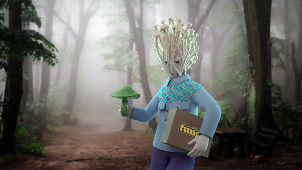 Cartoon character standing in forest