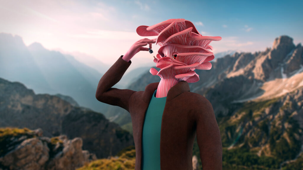 Cartoon Character standing in mountains