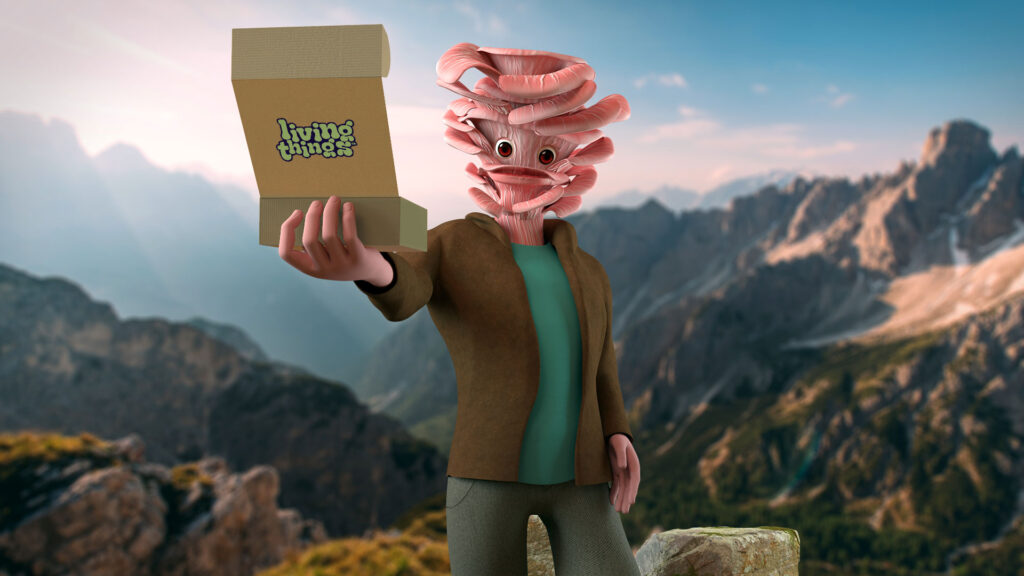 Cartoon character opening box in mountains