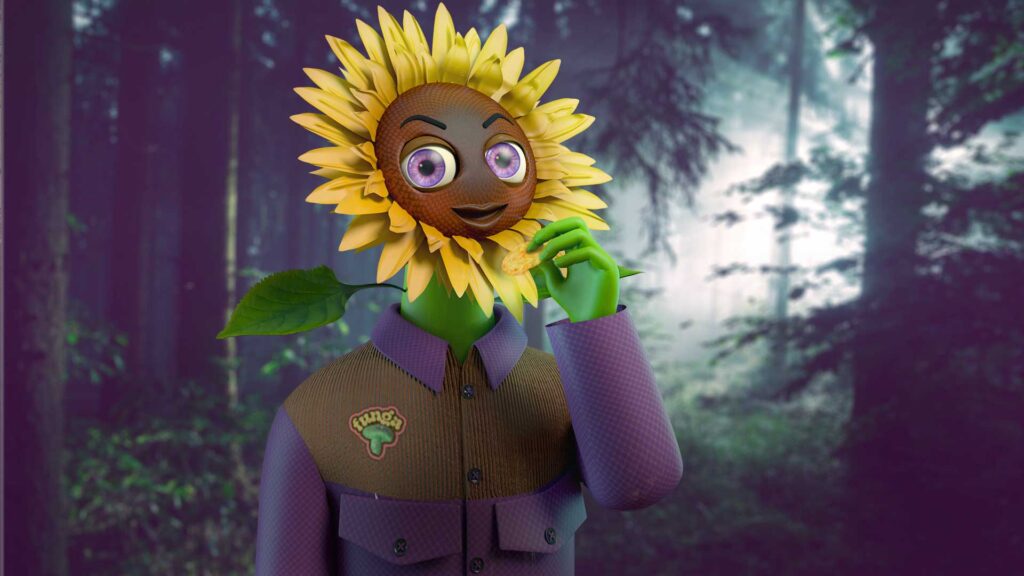 Sunflower 3d NFT Character eating chips in forest