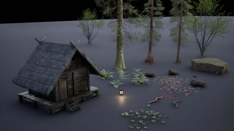 3d assets/models of cabin,trees,plants,leaves,stones in forest